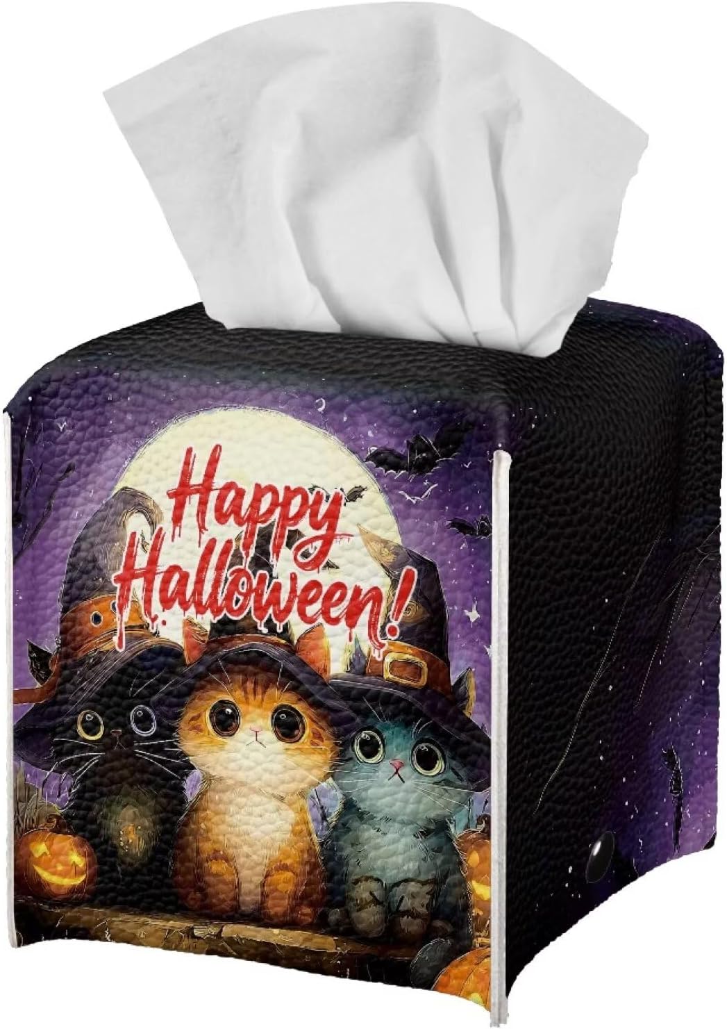 Happy Halloween Tissue Box Cover Square Tissue Box Holder 5x5x5 inch Napkin Dispenser Organizer with Cat Print Holiday Home Decor for Car Office Living Room