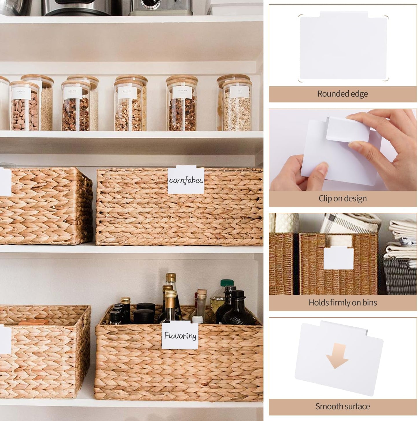 34 Pcs Basket Labels Clip on Set, Include 32 Kitchen Clip Label Holder Removable Storage Bin Labels with 2 Black Marker for Storage Bins Organization Box (White)