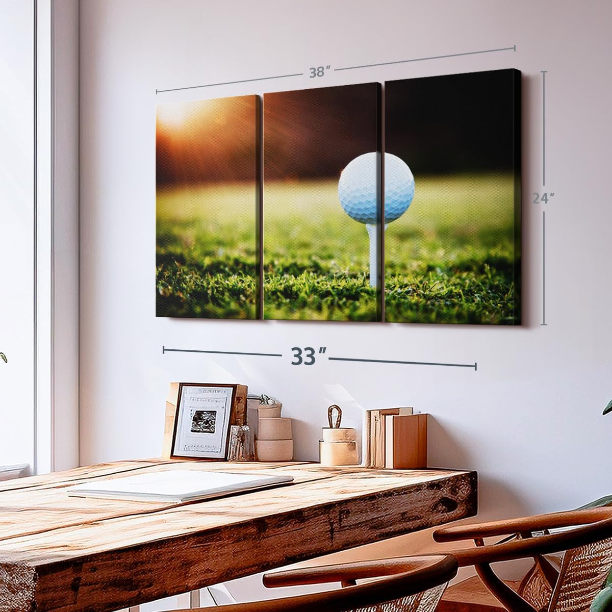 ElephantStock Golf Ball Tee Wall Art - Horizontal Canvas - 3-Piece Living Room Wall Decor - Photography Photographic Canvas Print - Black and White Decor for Wall - 38" X 24"