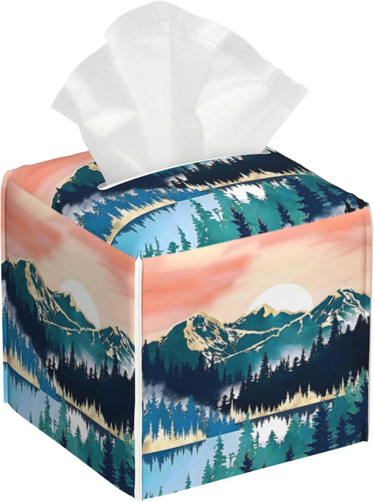 Tissue Box Cover Square,Abstract Mountains and Trees Tissue Box Holder Waterproof Leather Facial Paper Case Modern Home Decoration for Bedroom Dresser Night Stand Office Desk