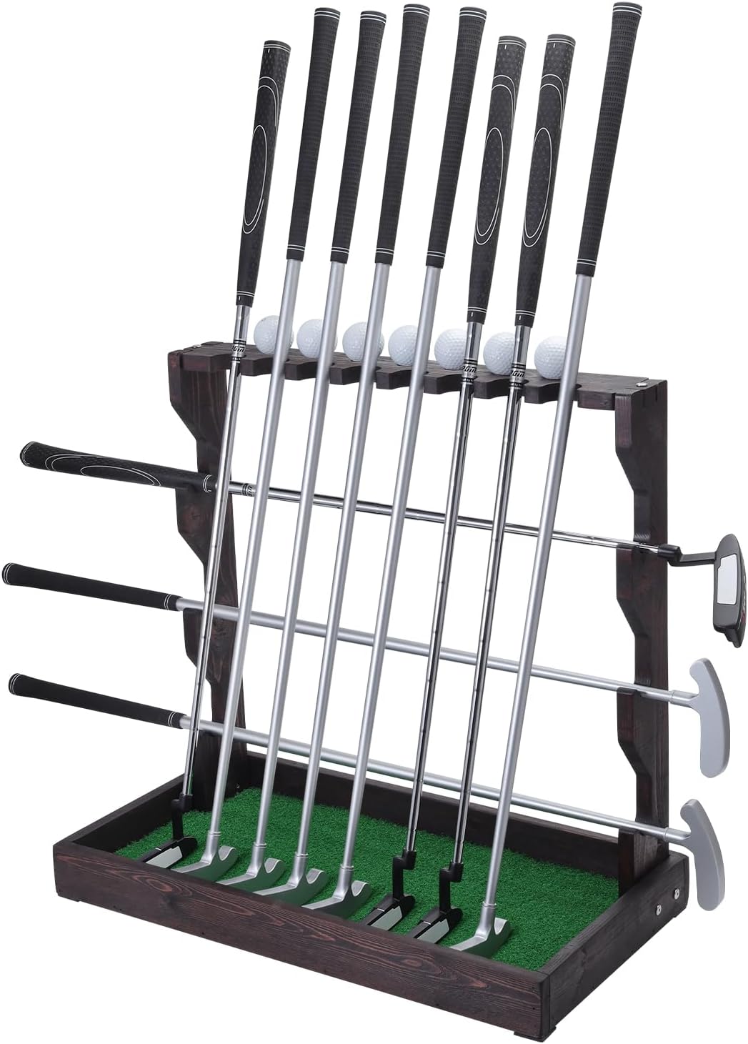 Golf Putter Stand, Wooden Golf Club Holder with Artificial Grass Mat, Holds 11 Clubs & 7 Golf Balls, Stand Floor Display Rack for Indoor Home Office Club Simulator