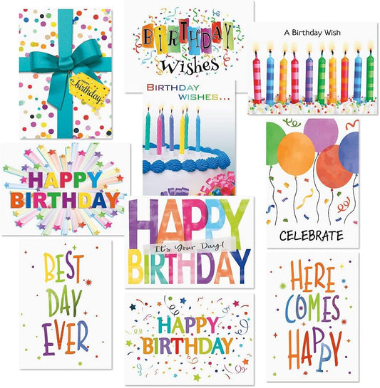Current Confetti Fun Happy Birthday Greeting Card Set - Value Pack of 20 Cards With White Envelopes, 10 Designs, Large 5" x 7" Assortment