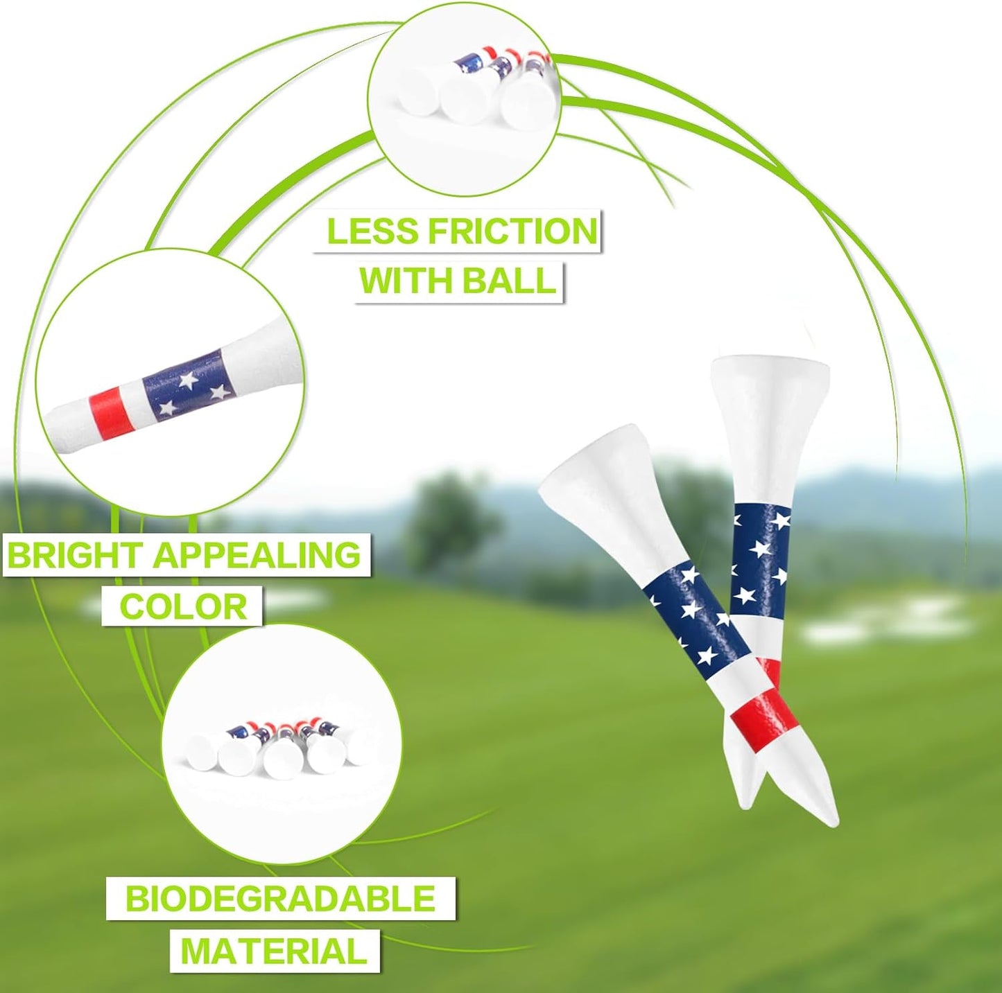 FINGER TEN Bamboo Golf Tees Wood 1 1/2 2 3/4 3 1/4 Inch Wooden Short Long Tee Color Bulk 250/500/1000/2000 Count for Men Women Kids in Red Pink USA Flag