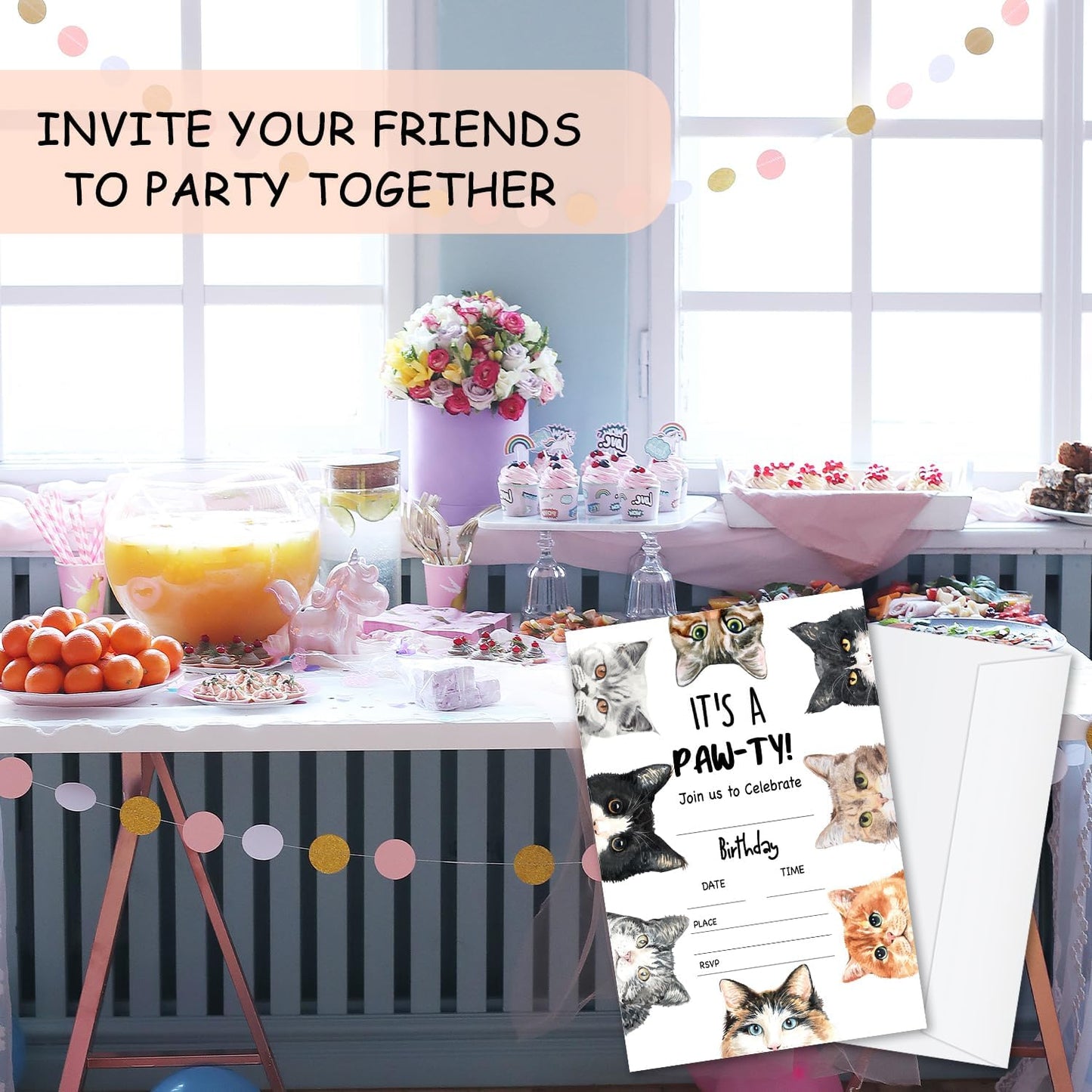 It's a paw-ty! Birthday Invitations, Cat Party Invitations, 20 Double-Sided Fill In Invitation with Envelopes for Boys Girls, Birthday Party Decorations Favor