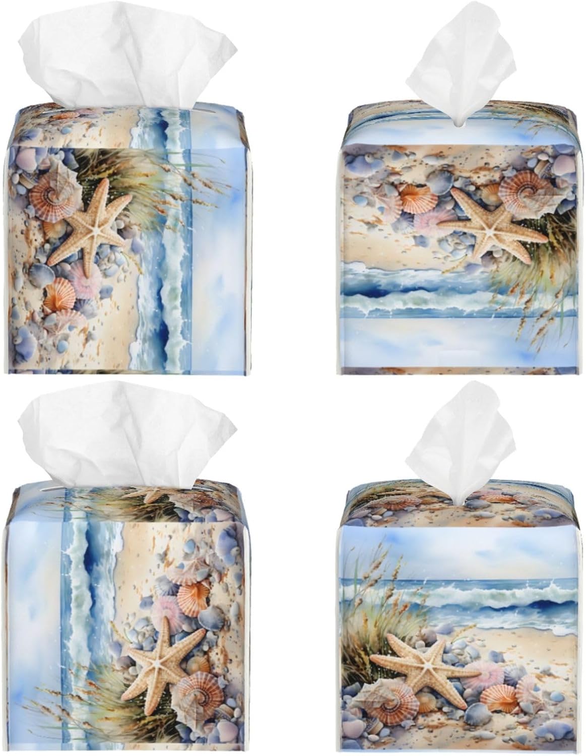 Tissue Box Cover Watercolor Beach Starfish Seashell Square PU Leather Tissue Box Holder for Car Bathroom Bedroom Desk Tabletop Decor