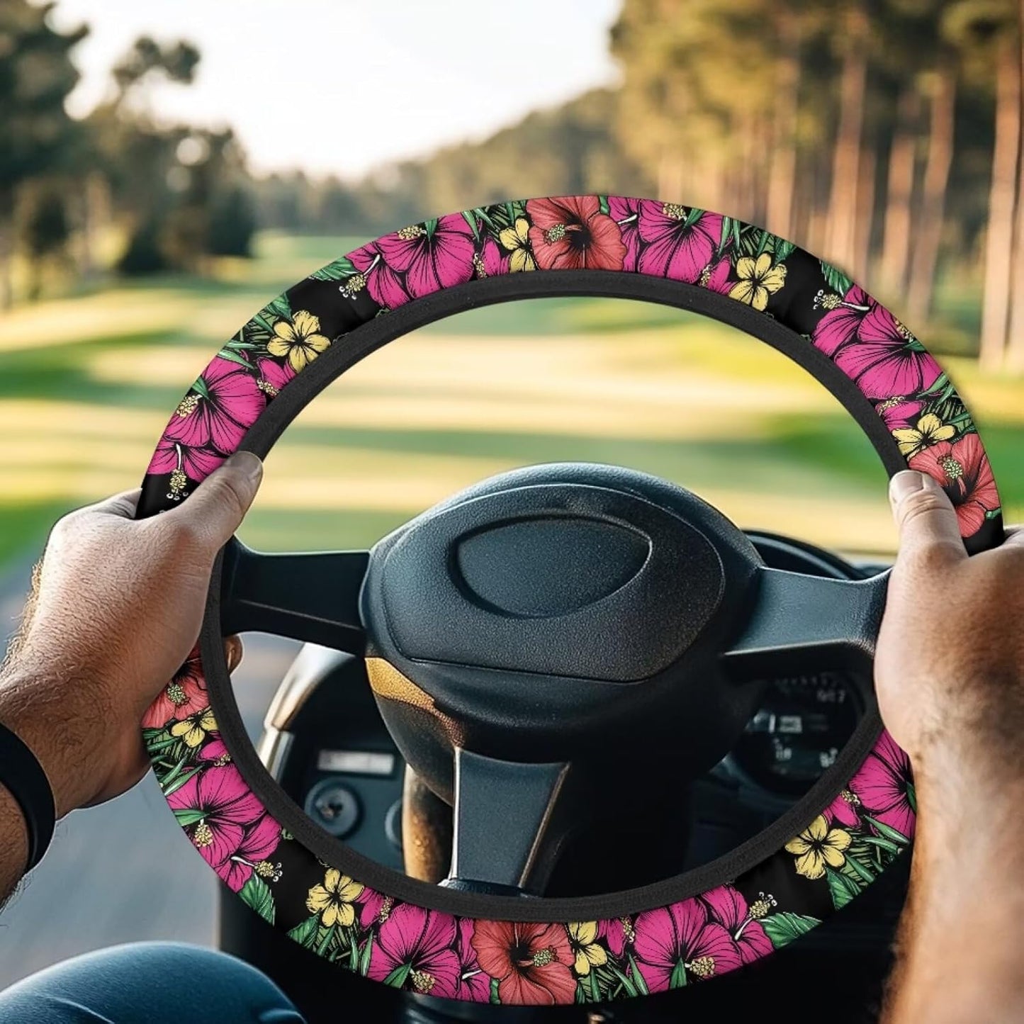 Tropical Flowers Golf Cart Steering Wheel Cover Hibiscus 13-14 Inch Golf Cart Steering Wheel Covers Universal Fit Stretchable Club Car Accessories Cooling in Summer