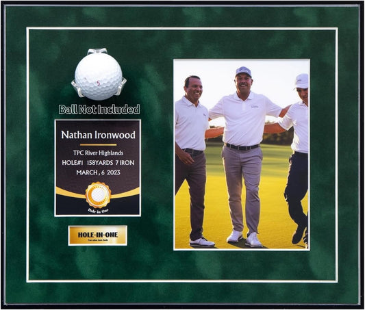 One-Shot Victory Golf Ball Display Frame – Acrylic Case with External Ball Mount, Custom Photo & Nameplate, Green Suede Mat, Elegant Golf Keepsake Gift