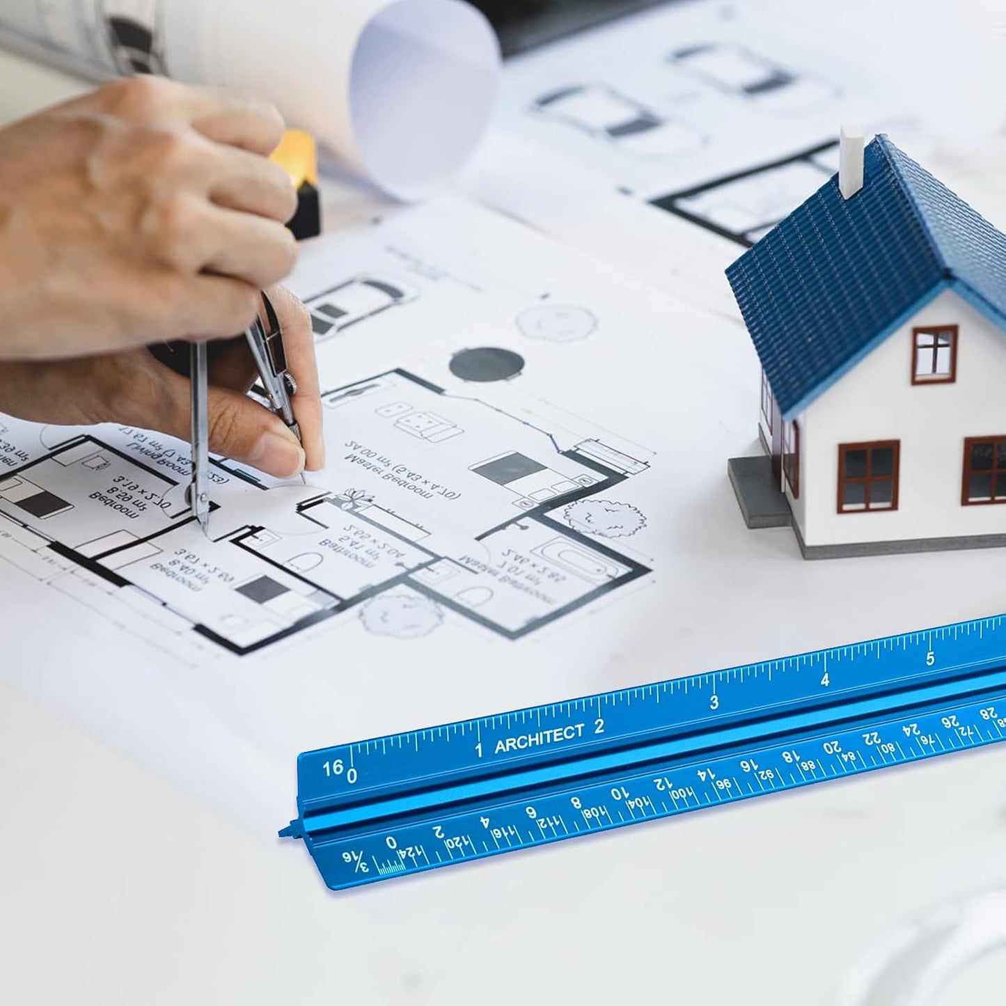 Architectural Scale Ruler, Imperial Measurements 12'', Laser-Etched Aluminum Architect Triangular Ruler for Architects, Students, Draftsman, and Engineers(Blue)
