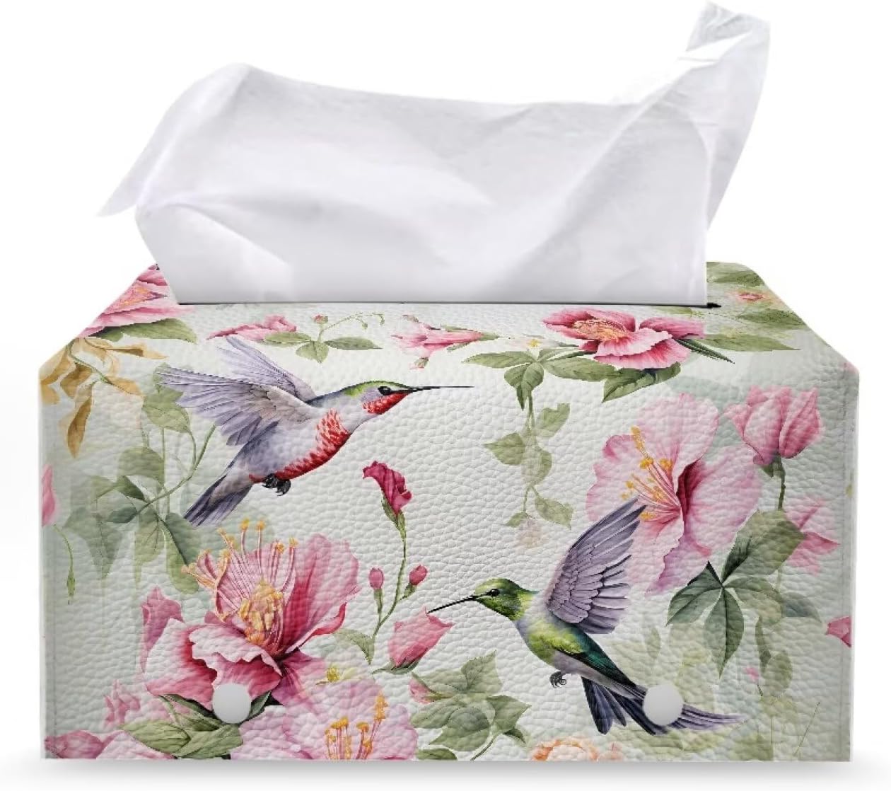 Leather Tissue Box Cover Floral Hummingbird PU Leather Tissue Cover Decorative Organizer Portable for Travel Tissue Box with Bottom Belt for Tabletop，Countertop，Night Stands