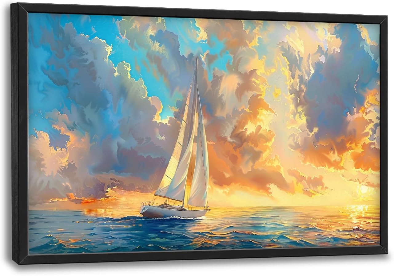 Large Ocean Sailboat Framed Wall Art for Living Room Blue Coastal Pictures Wall Decor Ocean Canvas Print Painting Artwork Modern Home Decorations for Living Room Bedroom Office 36x24 inch