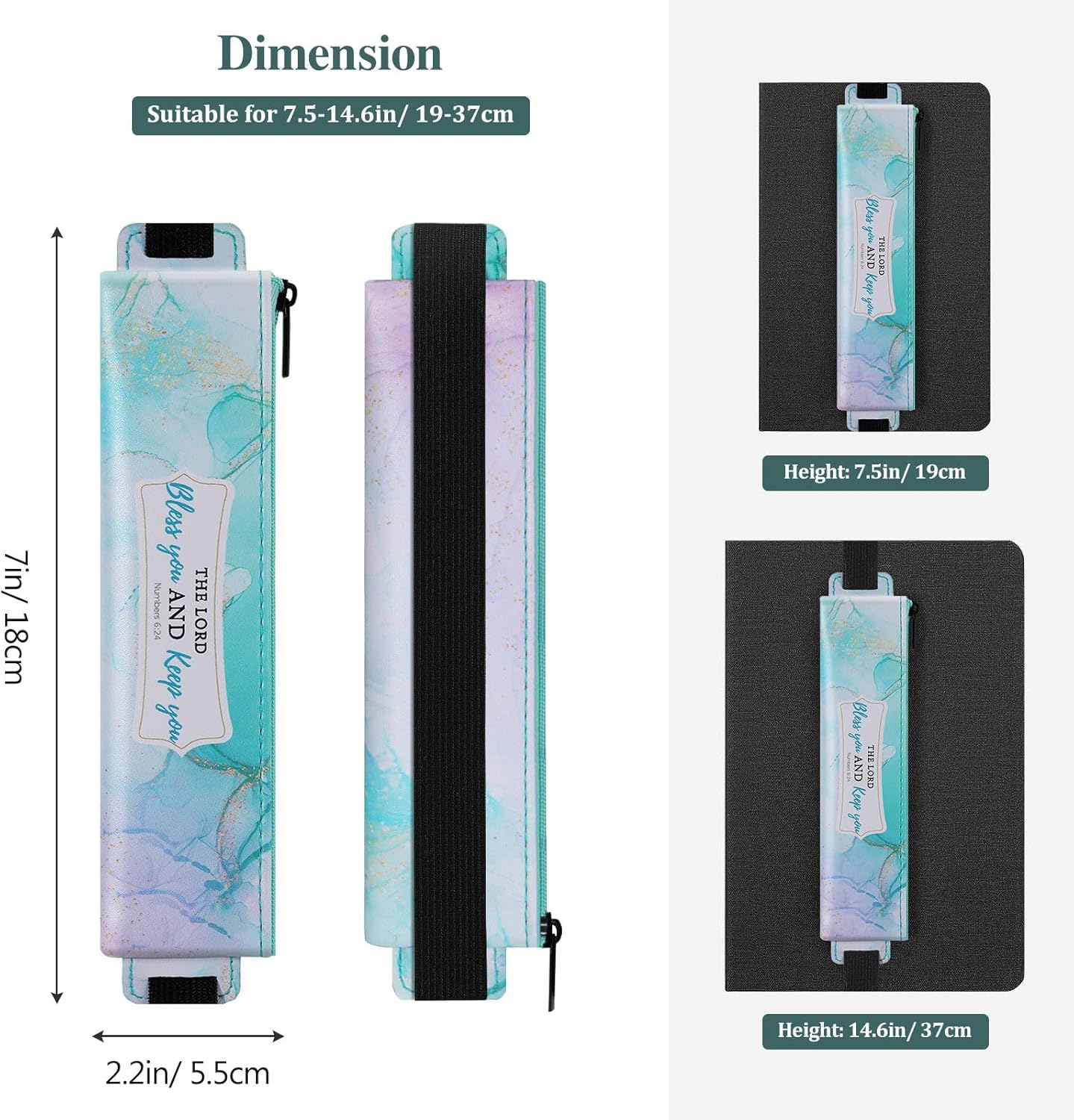 MoKo Elastic Pen Holder for Notebook, 4 Pieces PU Leather Pencil Case with Adjustable Band, Stationery School Supplies Zipper Bag for Planners, Journals, Book, Marble Patterns