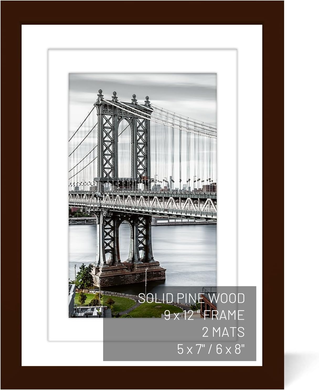 9x12 Picture Frames Solid Wood Display Pictures 6x8 or 5x7 with Mat, 9x12 Frame without Mat for Wall Mounting or Table Top (Brown)