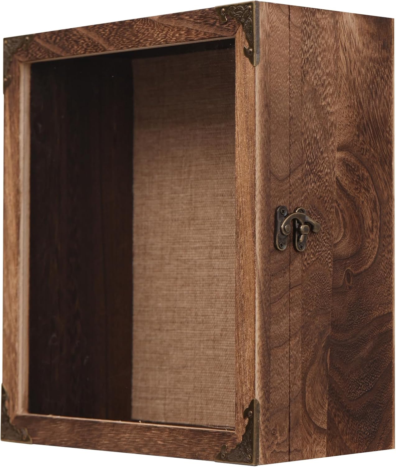 11x11 Deep Shadow Box Frame, 4.5" Depth – Burnt Wood Display Case with Acrylic Door, Vintage Metal Corners. Holds Medals, Photos, Coins, Awards, Wedding & Military Keepsakes