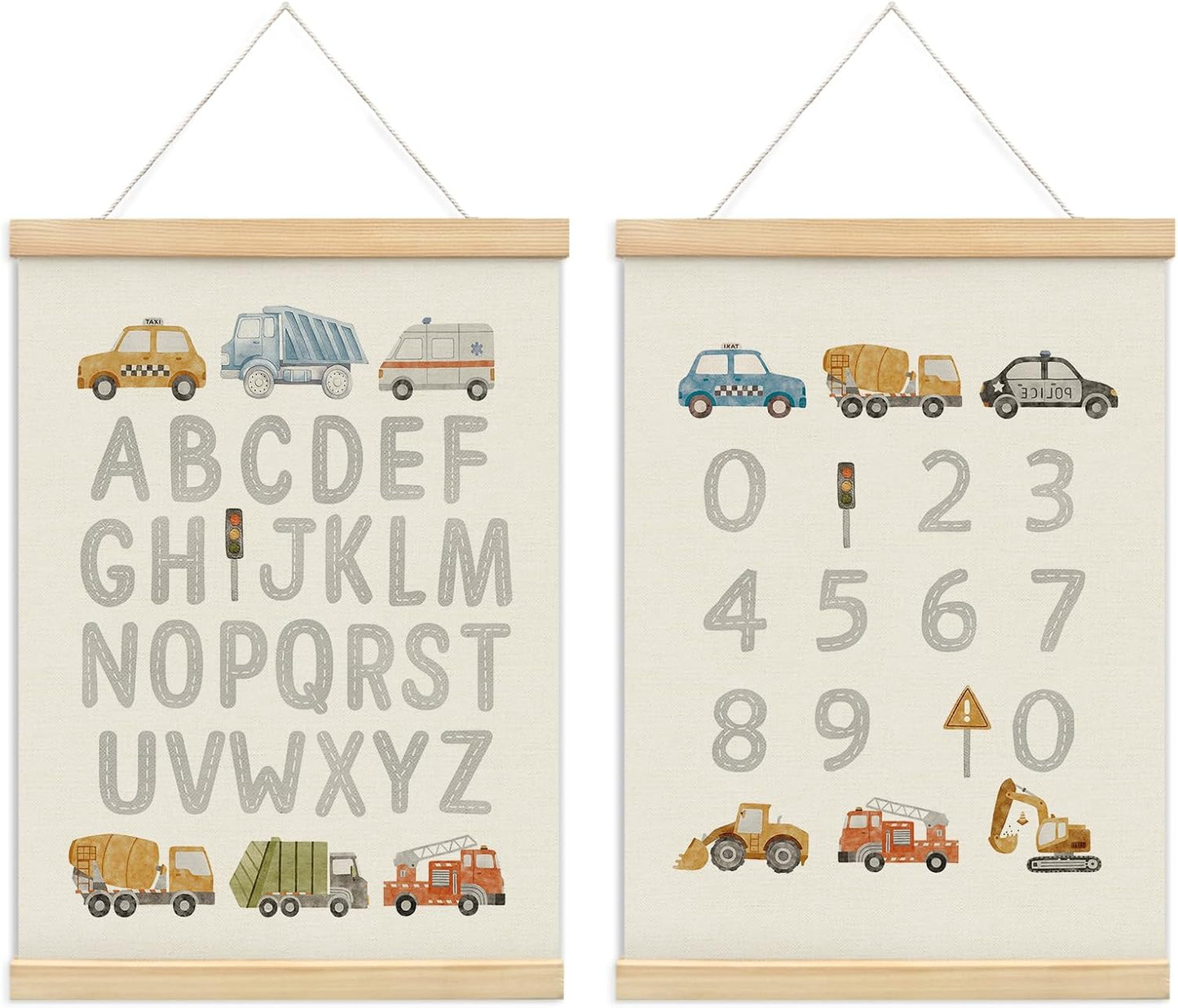 KDHTY ABC Alphabet Chart Wall Art,Toddler Learning Posters Hanger Frame,Car Wall Art Decor,Toddler Boy Room Decor for Toddler Playroom Nursery,12x16 Inch,Set of 2