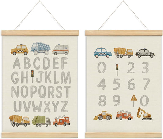 KDHTY ABC Alphabet Chart Wall Art,Toddler Learning Posters Hanger Frame,Car Wall Art Decor,Toddler Boy Room Decor for Toddler Playroom Nursery,12x16 Inch,Set of 2