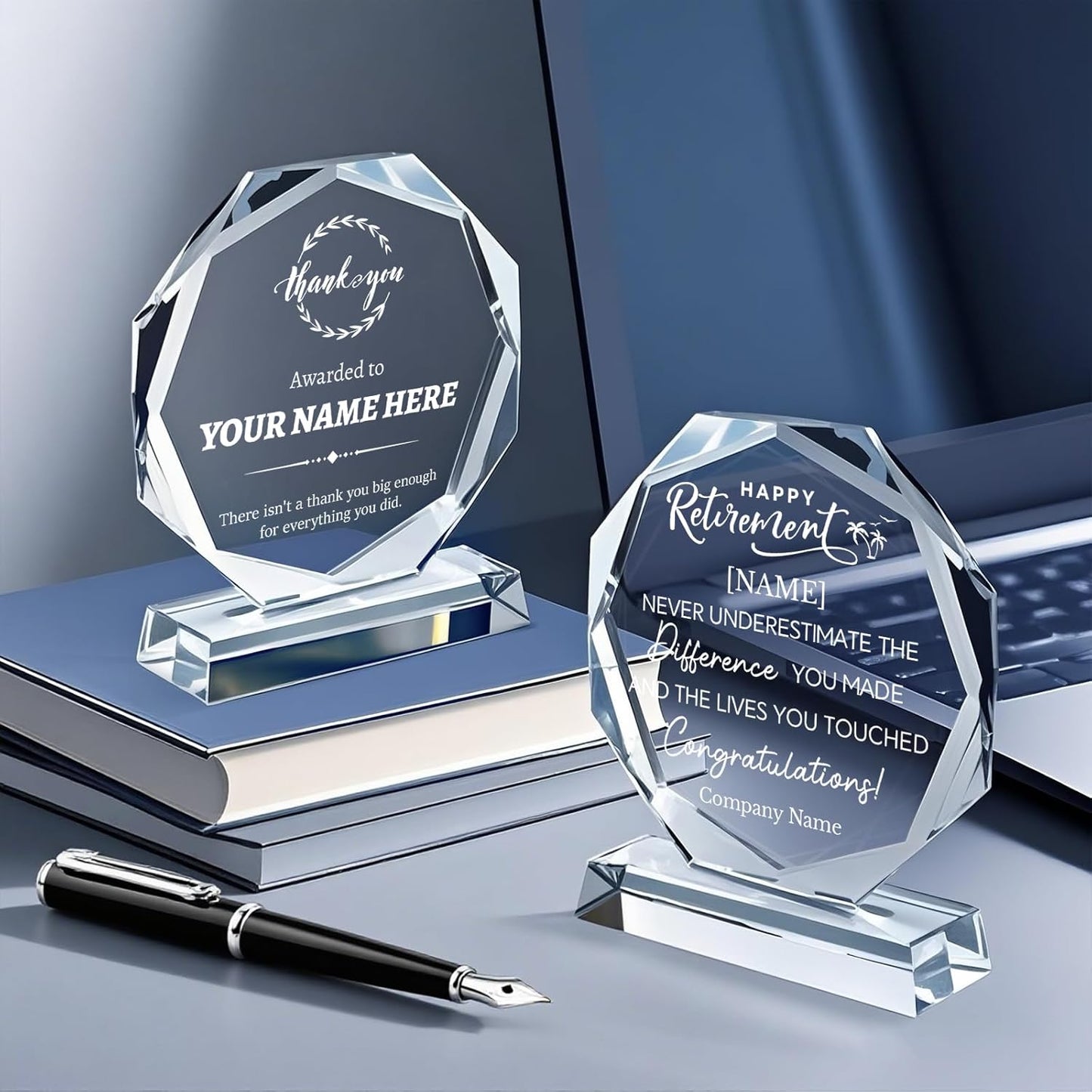 Personalized Crystal Trophy Award - Custom Plaque w/Engraved Text Logo - Employee Appreciation Gifts, Farewell Retirement Gifts - Custom Trophy and Employee Recognition Awards