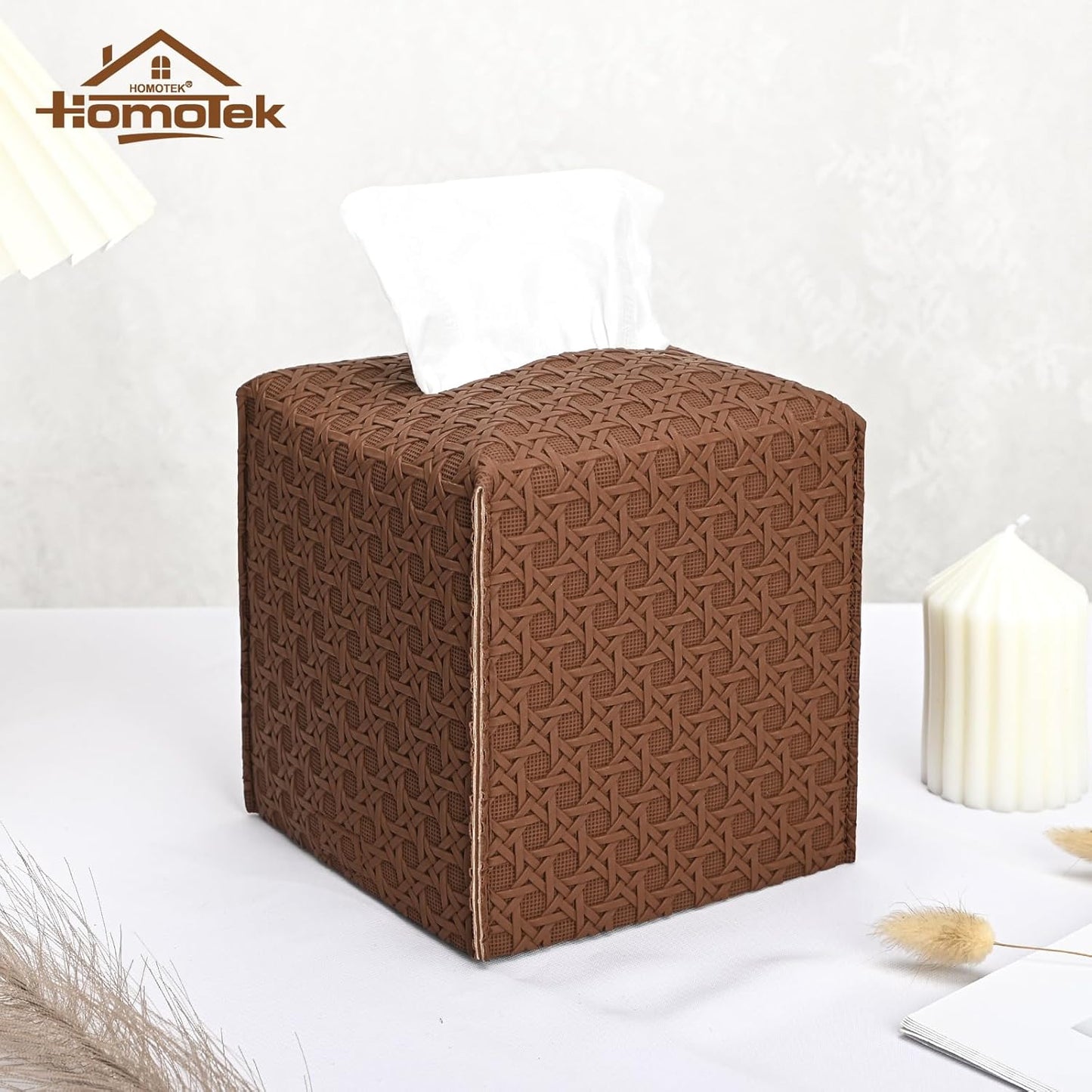 HOMOTEK 2 Pack Tissue Box Cover, Square PU Leather Tissue Holder, Decorative Facial Tissue Cube Paper Organizer Dispenser for Bathroom, Night Stands, Desk, Car 5X5X5'' - Rattan Weave,Chocolate
