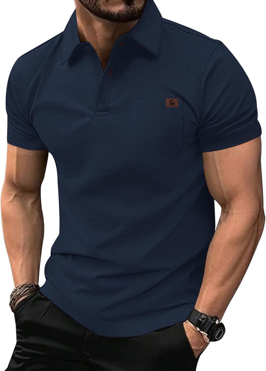 GEEK LIGHTING Mens Waffle Texture Polo Shirts Short Sleeve Casual T-Shirts Moisture Wicking Collared Golf Shirt with Pocket