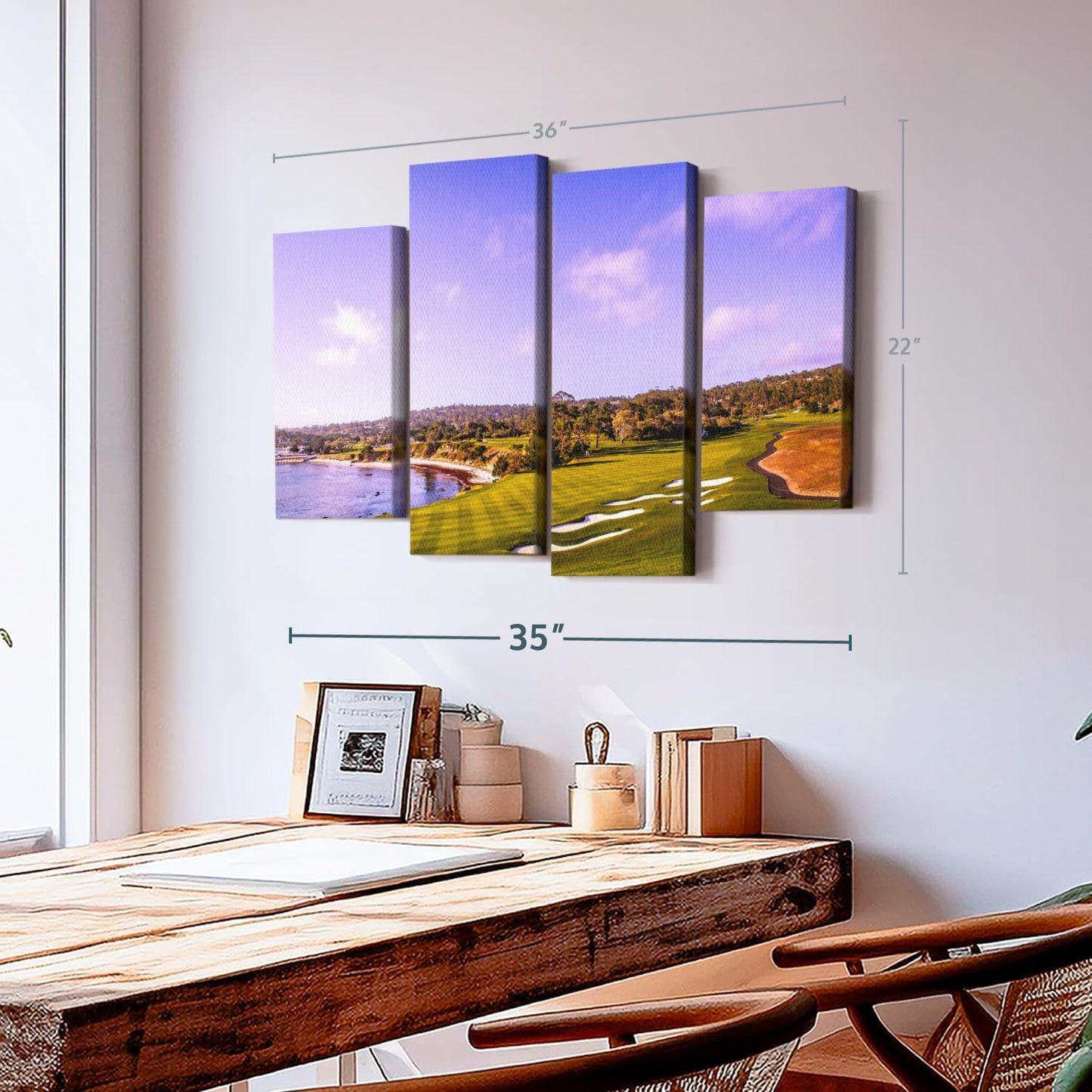 Elephant Stock Coastline Green Golf Course Wall Art - Horizontal Canvas - 4-Piece Living Room Wall Decor - Photography Sports Canvas Print - Blue and Gray Decor for Wall - 36" X 22"