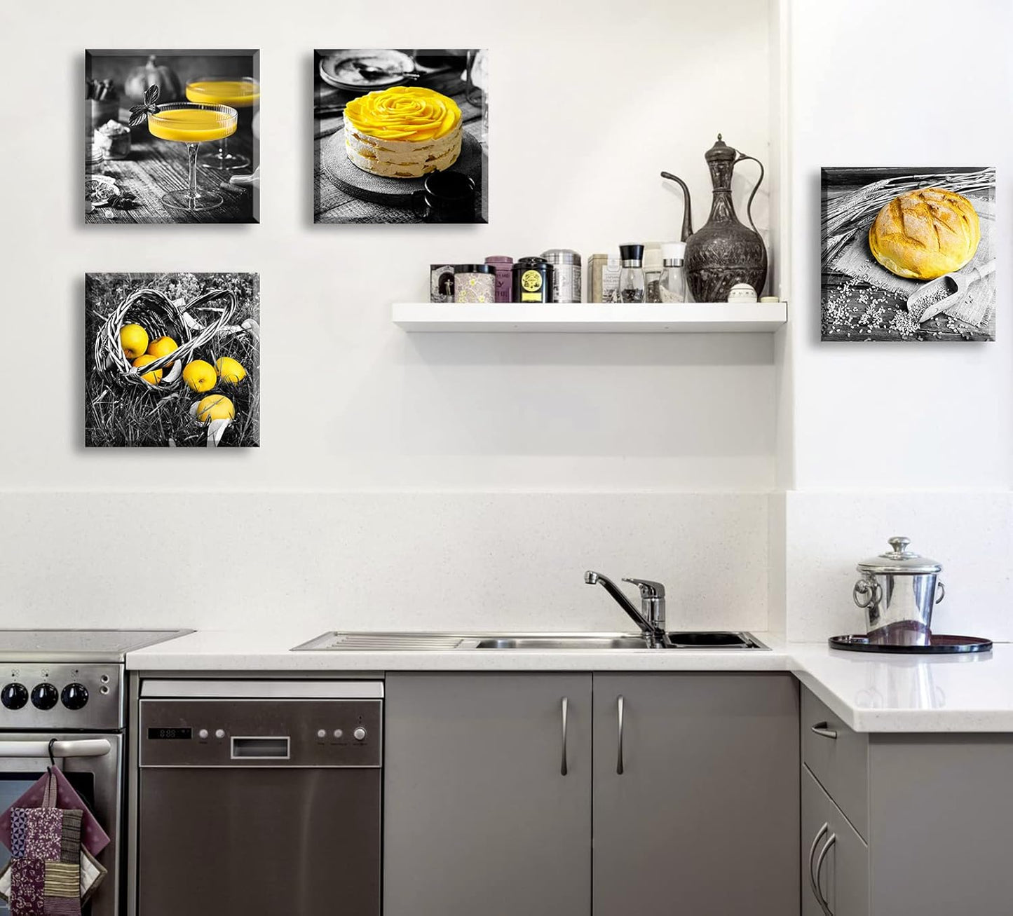 DJSYLIFE Kitchen Wall Decor Black and White Yellow Wall Art Bread Cake Fruit Picture Canvas Print Paintings for Cafe Dining Room Restaurant Farmhouse Kitchen Decoration 12" Wx12 Hx4