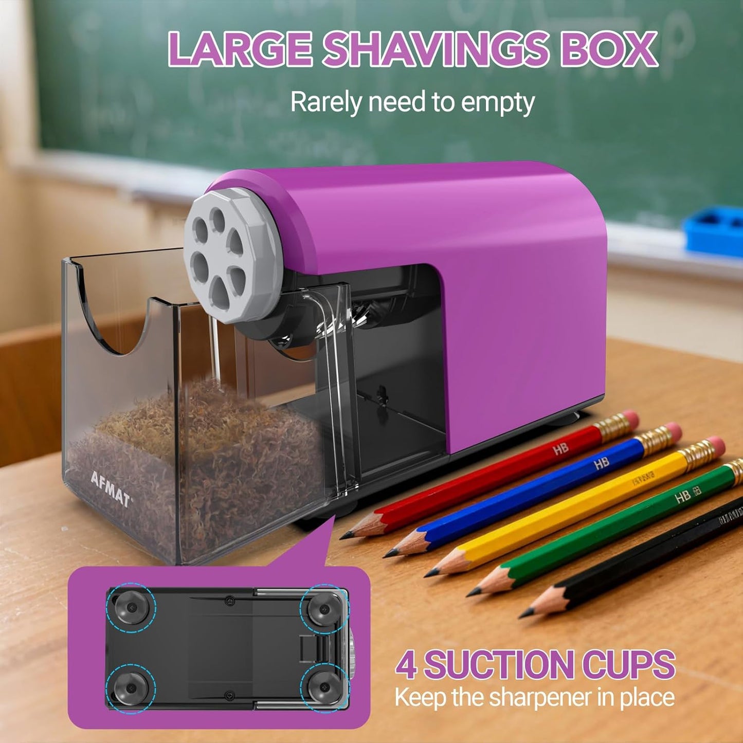 AFMAT PSD2 Electric Pencil Sharpener Heavy Duty, 6 Holes, Cordless & Rechargeable, Fast Sharpen, Auto Stop, 10K+ Uses, Classroom Pencil Sharpener for 6-11mm No.2/Large/Colored Pencils, Purple