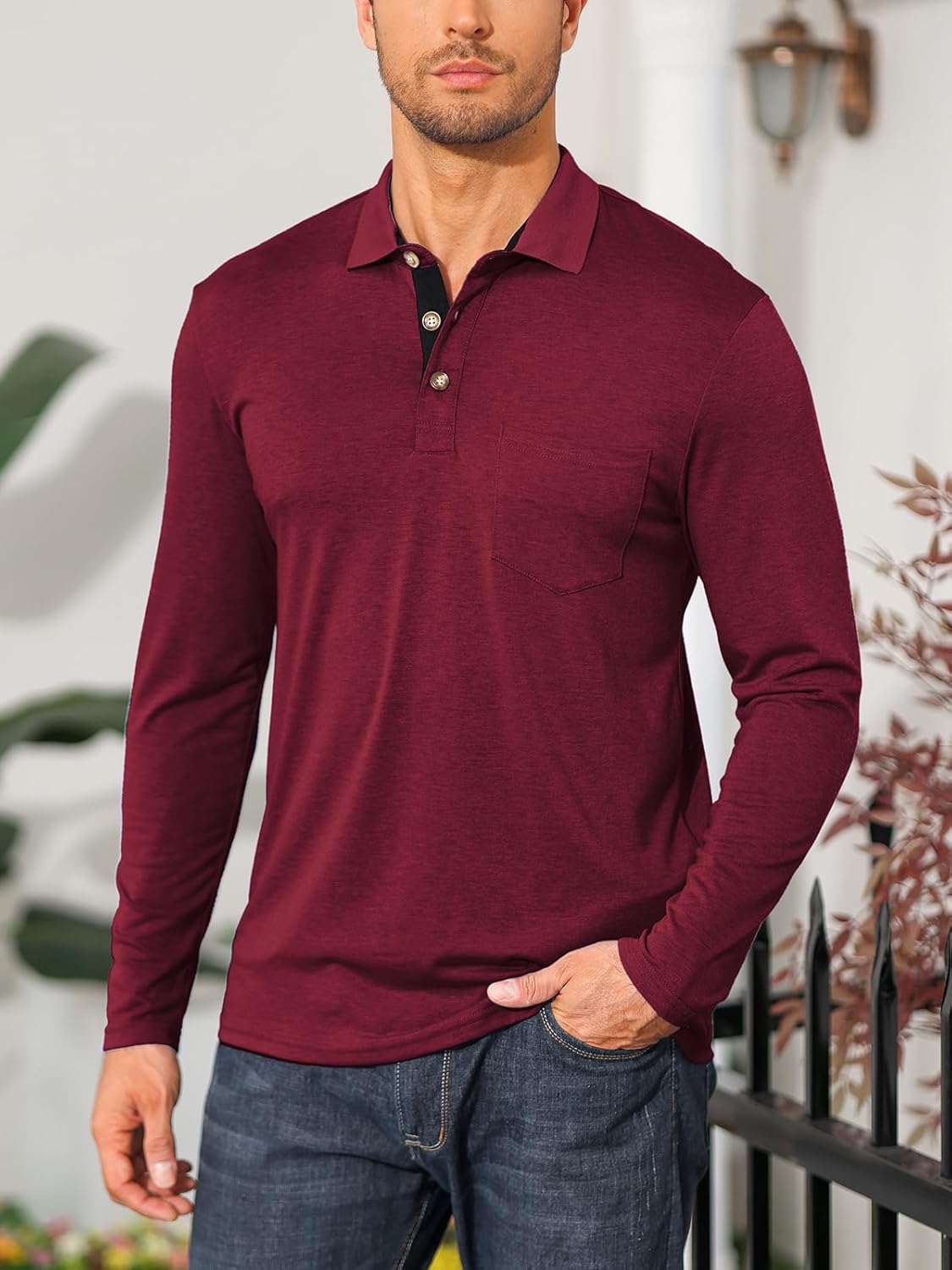 Mens Long Sleeve Polo Shirts Casual Moisture Wicking Golf Polo Shirts with Pocket