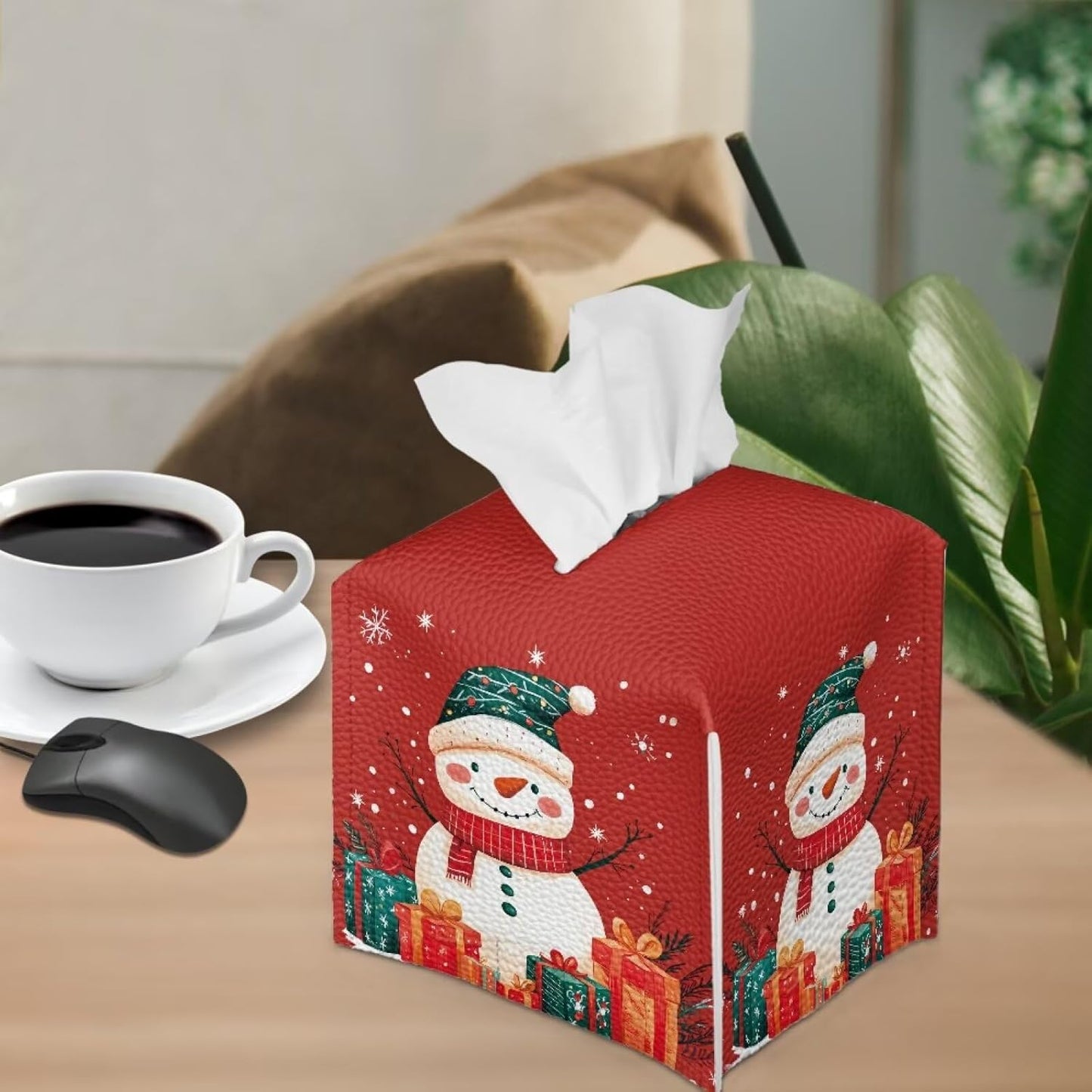 Christmas Tissue Box Cover Cube Cute Snowman PU Leather Decorative Tissue Box Holder Square Funny Tissue Case Cover Holiday Home Bathroom Accessories for Bedroom Living Room