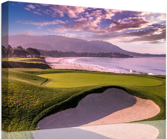 Pebble Beach Golf Course 9th Hole Wall Art for Living Room Bedroom Bathroom Home Decorations Monterey California USA Golf Course Picture Poster Canvas Prints Framed Ready to Hang(12''H x 16''W)