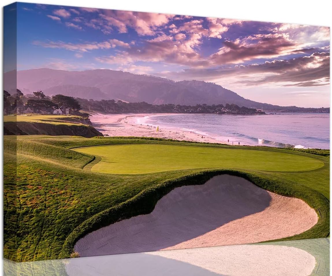 Pebble Beach Golf Course 9th Hole Wall Art for Living Room Bedroom Bathroom Home Decorations Monterey California USA Golf Course Picture Poster Canvas Prints Framed Ready to Hang(18''H x 24''W)