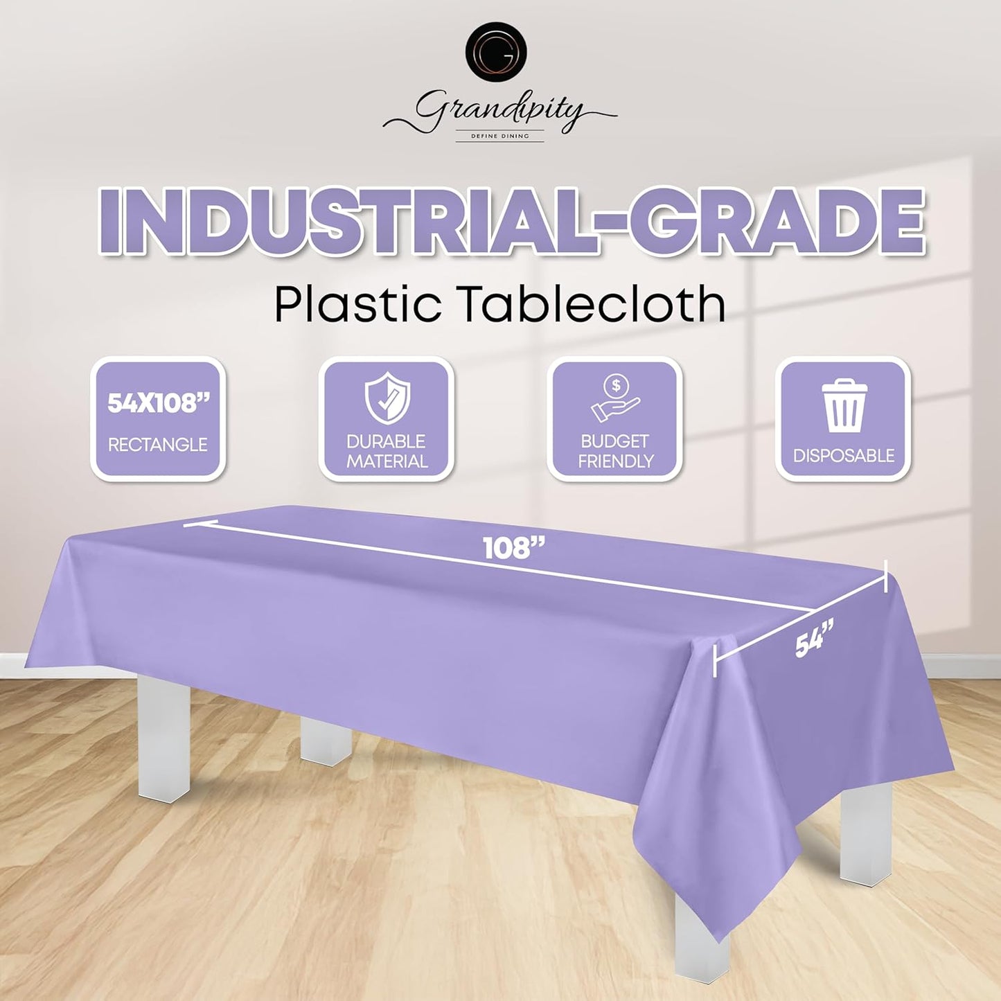 Grandipity 12 Pack Premium Disposable Plastic Tablecloth 54 Inch. x 108 Inch. Decorative Rectangle Table Cover - Lavender