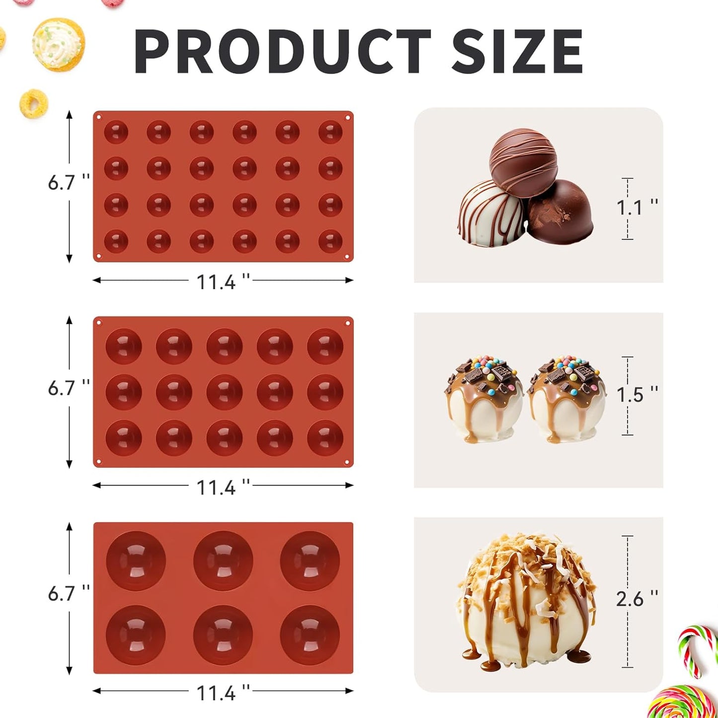 3 Pack Semi Sphere Silicone Molds, 1.1/1.5/2.6 Inch Hot Chocolate Bombs Mold Half Sphere Silicone Baking Mold for Chocolate, Cake, Jelly, Dome Mousse