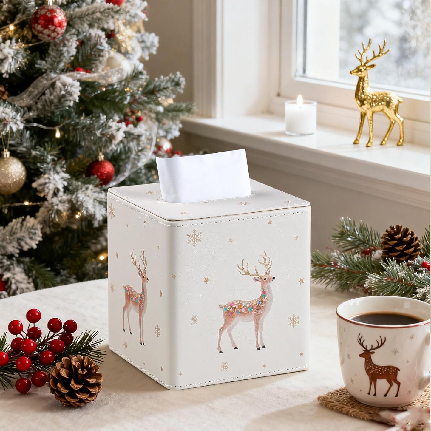Christmas Tissue Box Cover Square, PU Leather Tissue Box Holder with Magnetic Closure for Bathroom Livingroom Bedroom, Christmas Decorations Cube Tissue Holder (Reindeer)