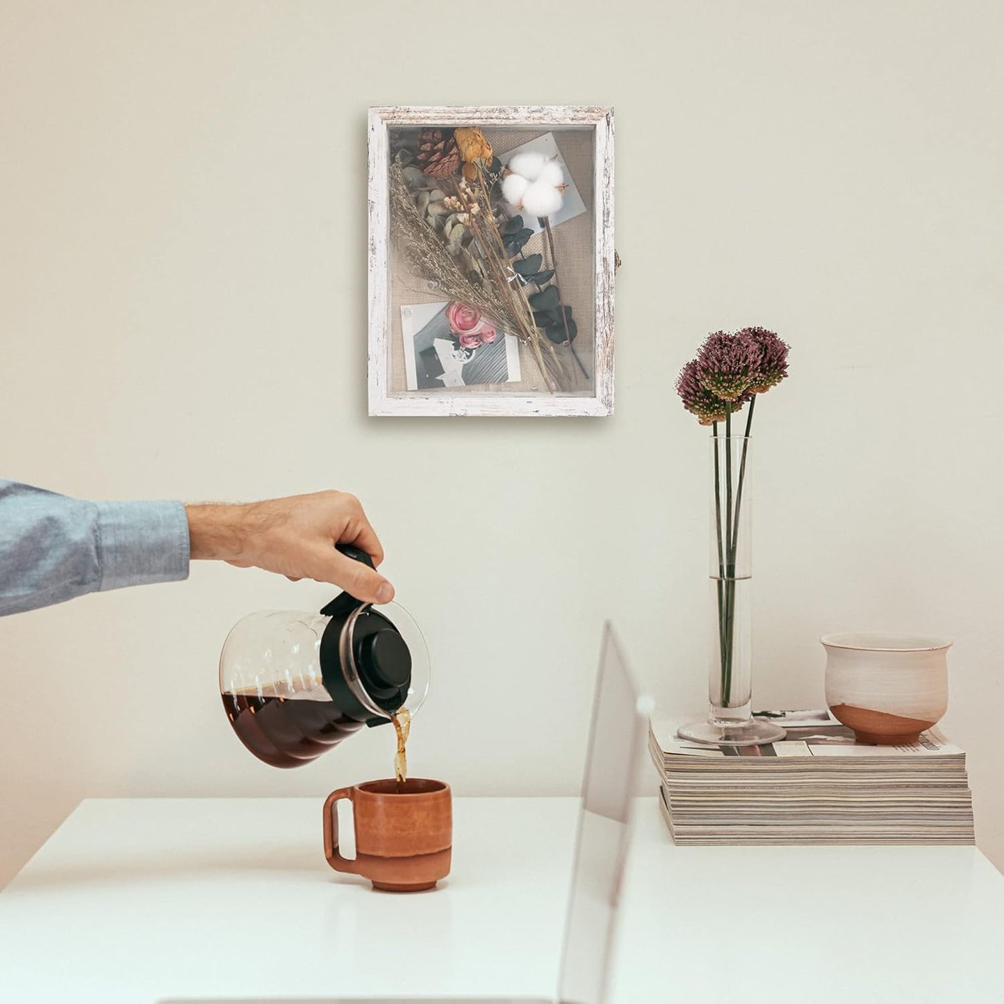 GraduatePro Shadow Box Frame 8x10 Display Case with Linen Back, Real Glass Window Door with Hinge, Picture Frame Wedding Bouquet Memorabilia Medals Photos Memory Box for Keepsakes, Rustic White