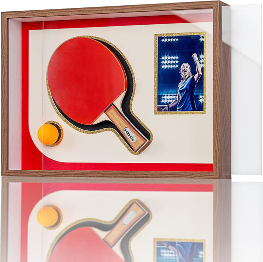 12x17 Walnut Table Tennis Racket Shadow Box Frame – Ping Pong Paddle Display Case with Photo Slot, Sports Memorabilia Display for Wall Decor & Collectors (Racket & Ball Not Included)