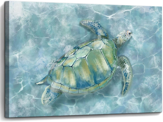 YJYart Bathroom Wall Decor Canvas Wall Art for Bedroom Sea Turtle Pictures Blue Coastal Room Decorations Artwork Green Turtle Wall Decorations 16” x 24”