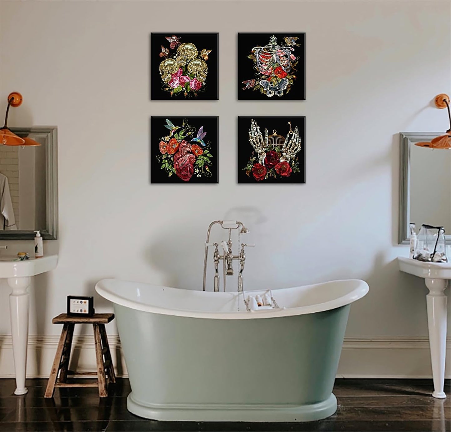 DJSYLIFE Gothic Wall Art - 4-Panel Skeleton and Roses Canvas Print, Dark Moody Decor for Bedroom, Bathroom, Halloween, Ready to Hang 12"x12"x4