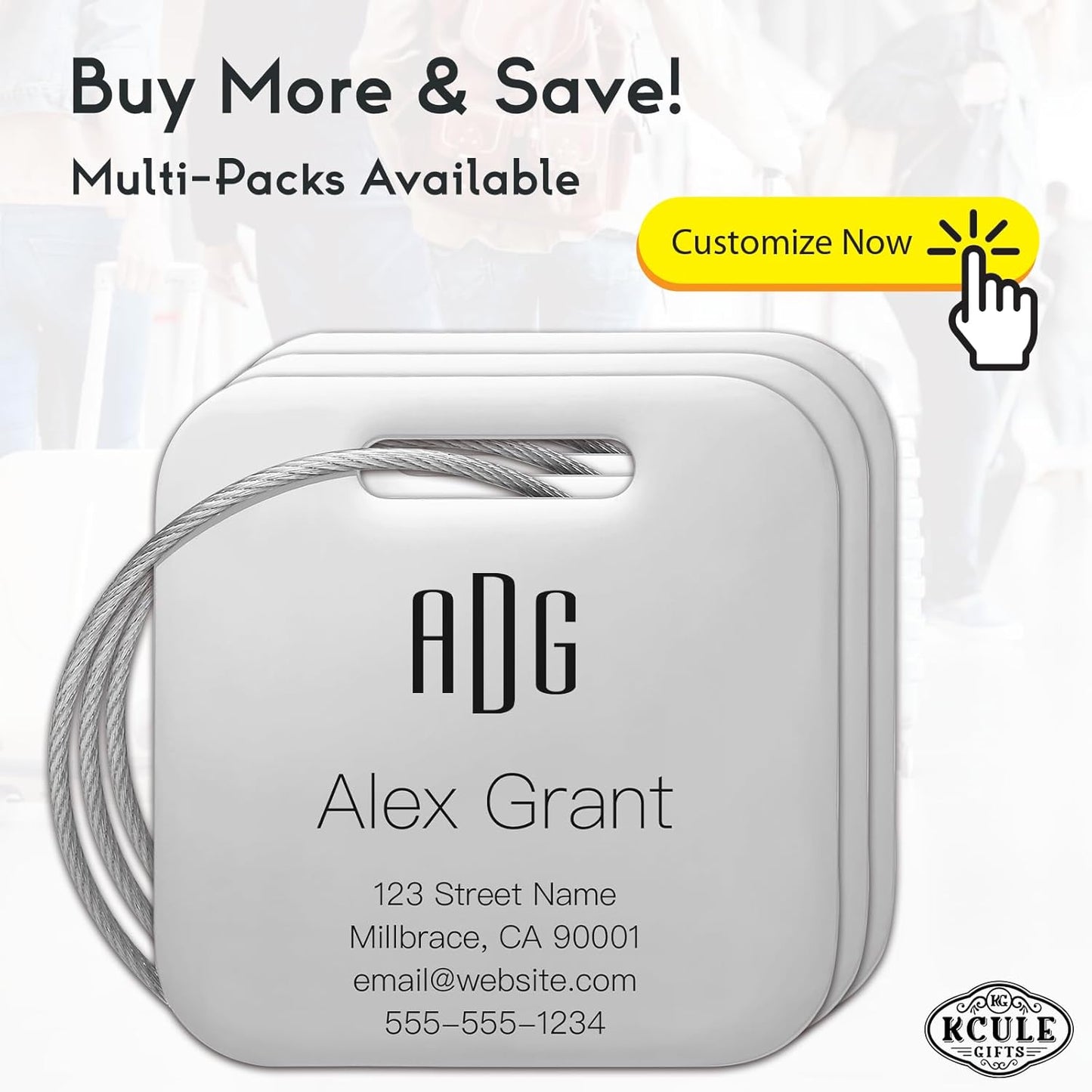 Personalized Luggage Tags for Suitcases - Stainless Steel Custom Luggage Tags for Backpacks & Bags, Sturdy, Waterproof & Heavy Duty (Silver/Square)