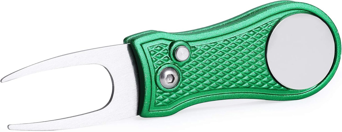 Mile High Life Golf Divot Repair Tool, All Metal Foldable Divot Tool with Pop-up Button & Magnetic Ball Marker