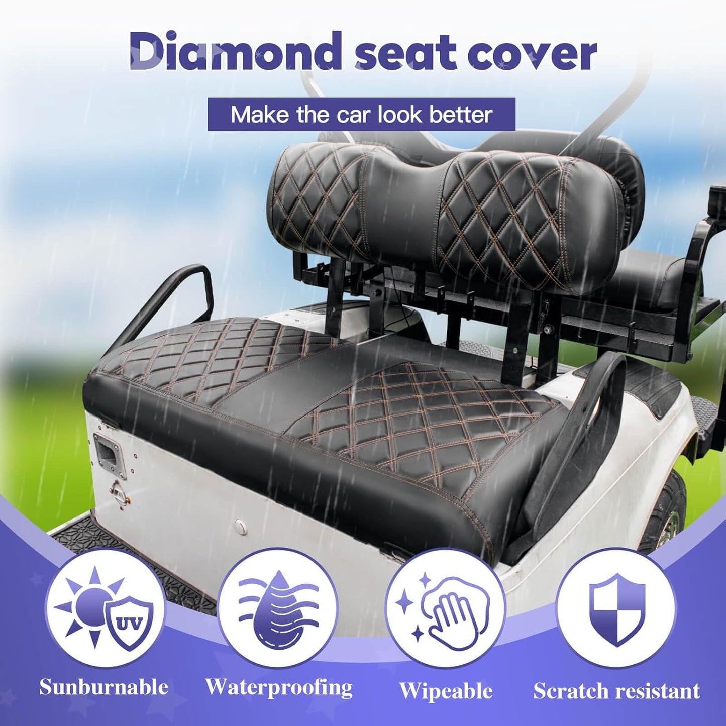 NOKINS Golf Cart Diamond Seat Covers Kit, Fit for EZGO TXT 1994-2013/EZGO RXV OEM Standard Front Seat Cushion, Golf Cart Vinyl Seat Cover, No Nails Required (Black and Brown Stitching)
