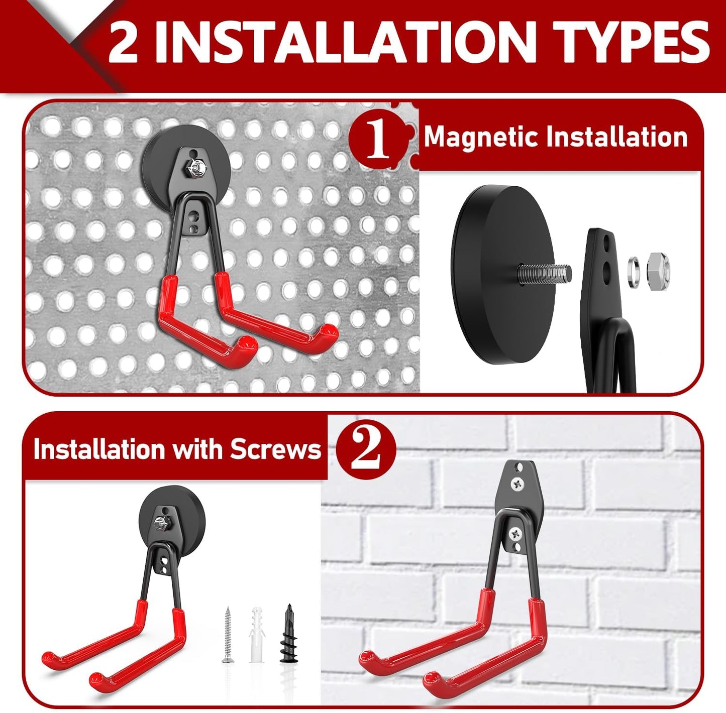 3-H Heavy Duty Magnet Garage Hooks 4 Pack, Extra Large Strong Magnetic Hooks for Hanging Cordless Power Drill, Utility Magnetic Tool Holder for Metal Cabinet, Steel Pegboard, Toolbox, Garage(Red)