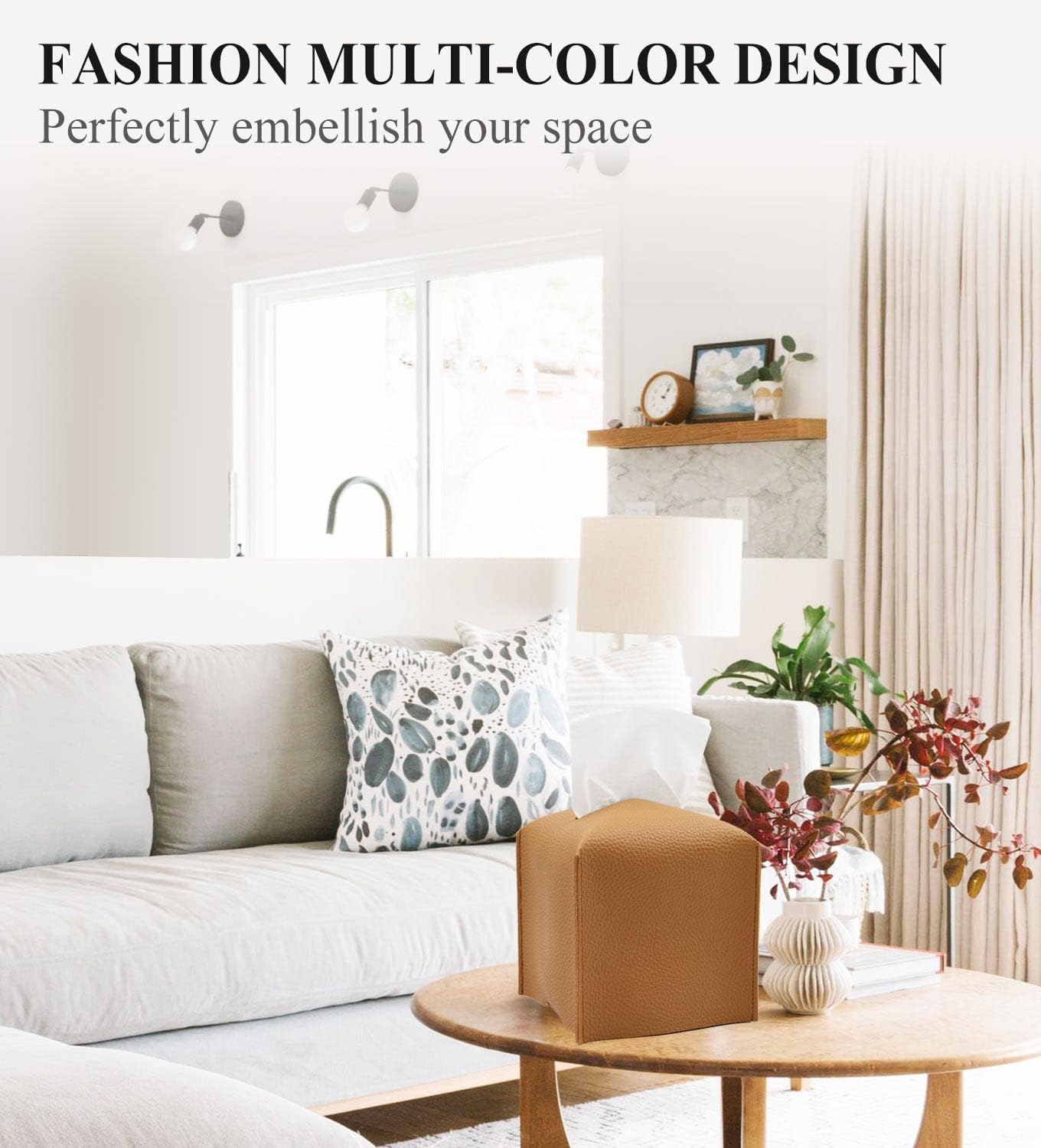 Livelab Tissue Box Cover, Modern Square Decorative PU Leather Facial Paper Case Organizer Holder Dispenser for Bathroom, Vanity Countertop, Night Stands, Desk, Car 5X5X5'' | Camel