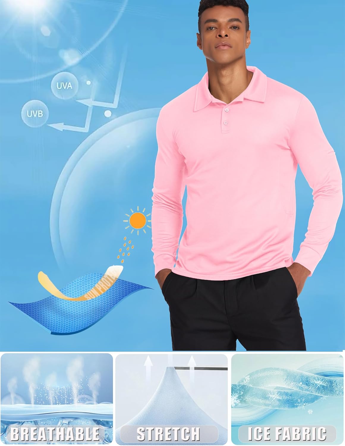 Deyeek Men's Polo Shirts Long Sleeve Golf Polo Shirts for Men Quick Dry UPF 50+ Sun Protection Polos Casual Collared Shirts