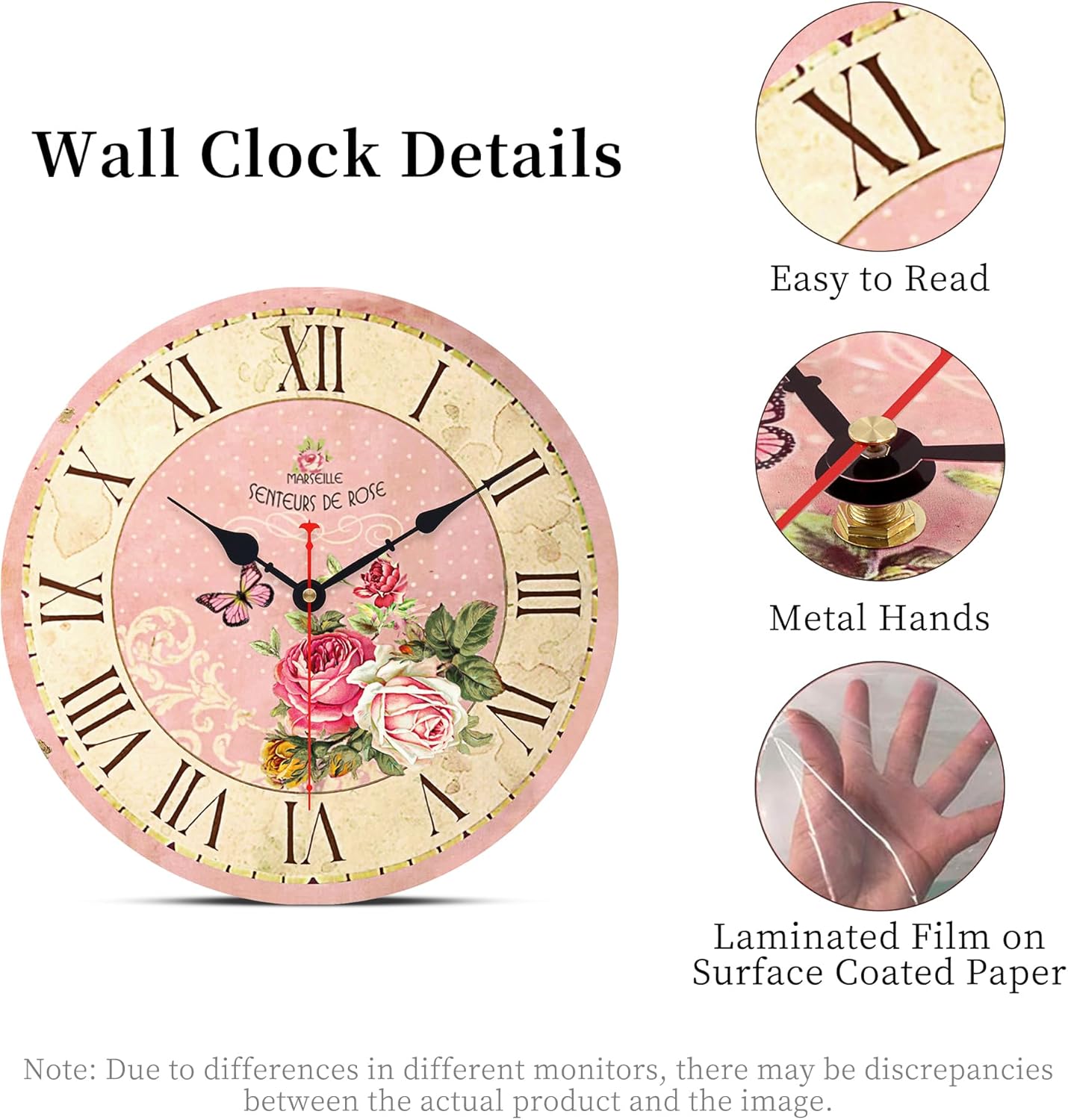 VIKMARI Home 14 Inch Battery Operated Silent Non-Ticking Vintage Wall Clock Design Wooden Round Roman Numerals Indoor Clocks Rose Pink Style Wall Clocks
