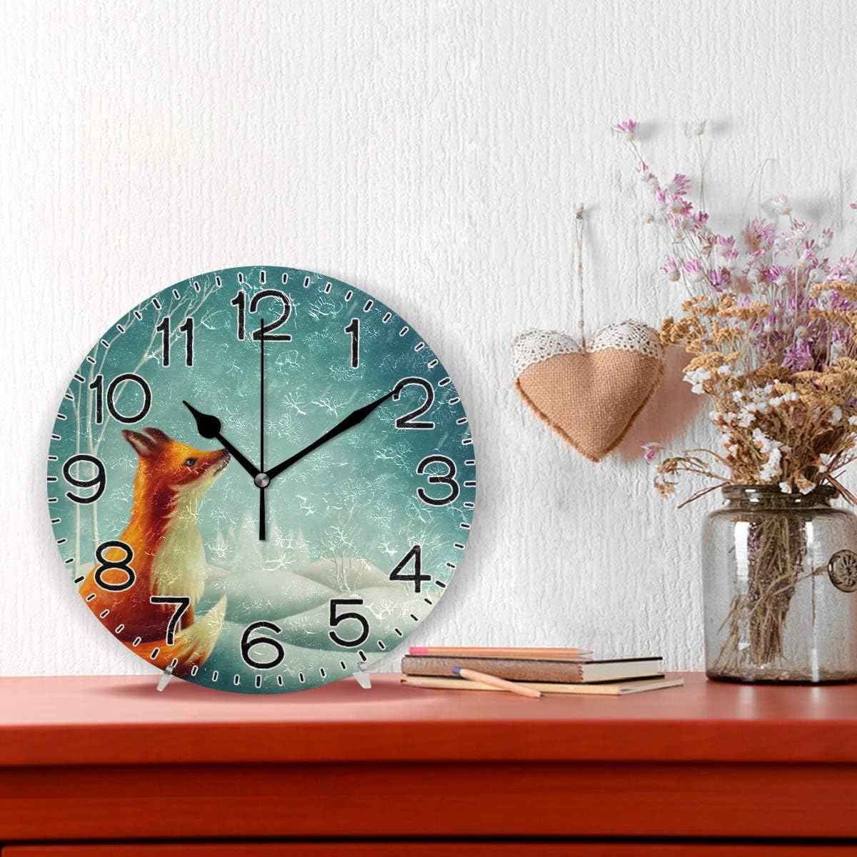 Red Fox Wall Clock Battery Operated Non Ticking Silent Quartz Analog Rustic Farmhouse Round Clock Retro Decor for Home Kitchen Living Room Bathroom