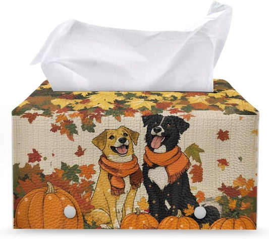 Cute Dog Tissue Box Cover Rectangle Tissue Box Cover PU Leather Facial Paper Holder Thanksgiving Decorative Napkin Organizer for Home Car Hotel Office Indoor Decorations