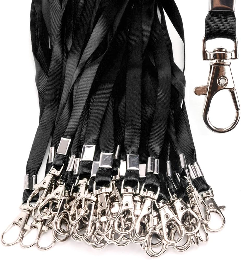 Lanyards 50 Pcs Bulk Lanyard for Id Badges Flat Black Lanyard with Badge Clip Swivel Hook (50, Black)