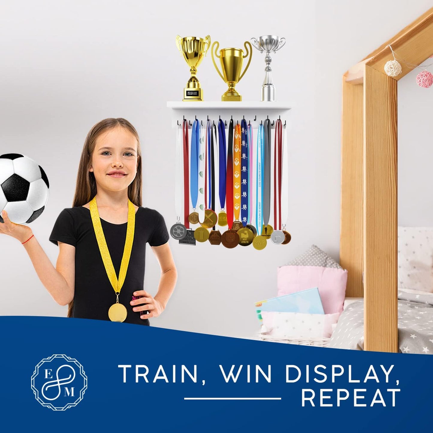 EVERMORE Medal Hanger Display and Trophy Shelf with Hooks - Wooden Medal Holder for Wall Mount Ribbon Display, Trophy Display Shelf for Gymnastics, Soccer, Running Race Medals Awards Rack