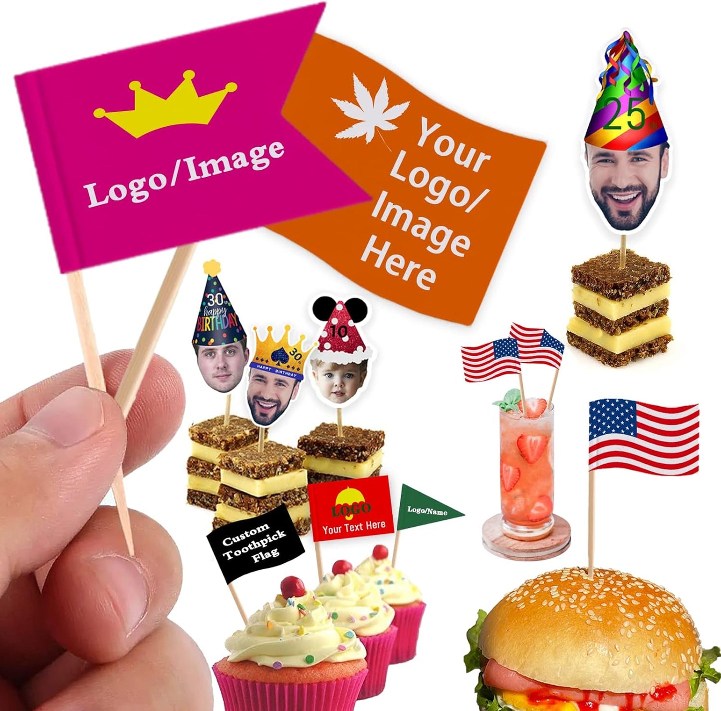 Custom Toothpick Flags with Logo/Photo 100Pcs, Personalized Cheese Markers for Hamburger Cupcakes Toppers Party Decoration Food Labeling -Swallowtail