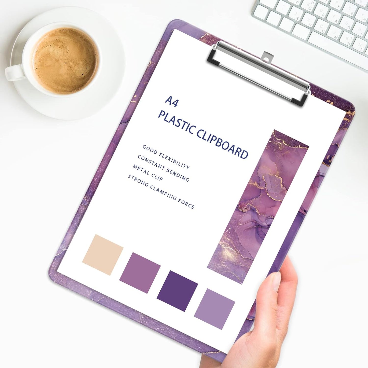 Plastic A4 Clipboards, Cute Clip Board Stardard Letter Size 9 x 12.5 in, Office Decorative for Students Women Men and Kids, Purple Marble