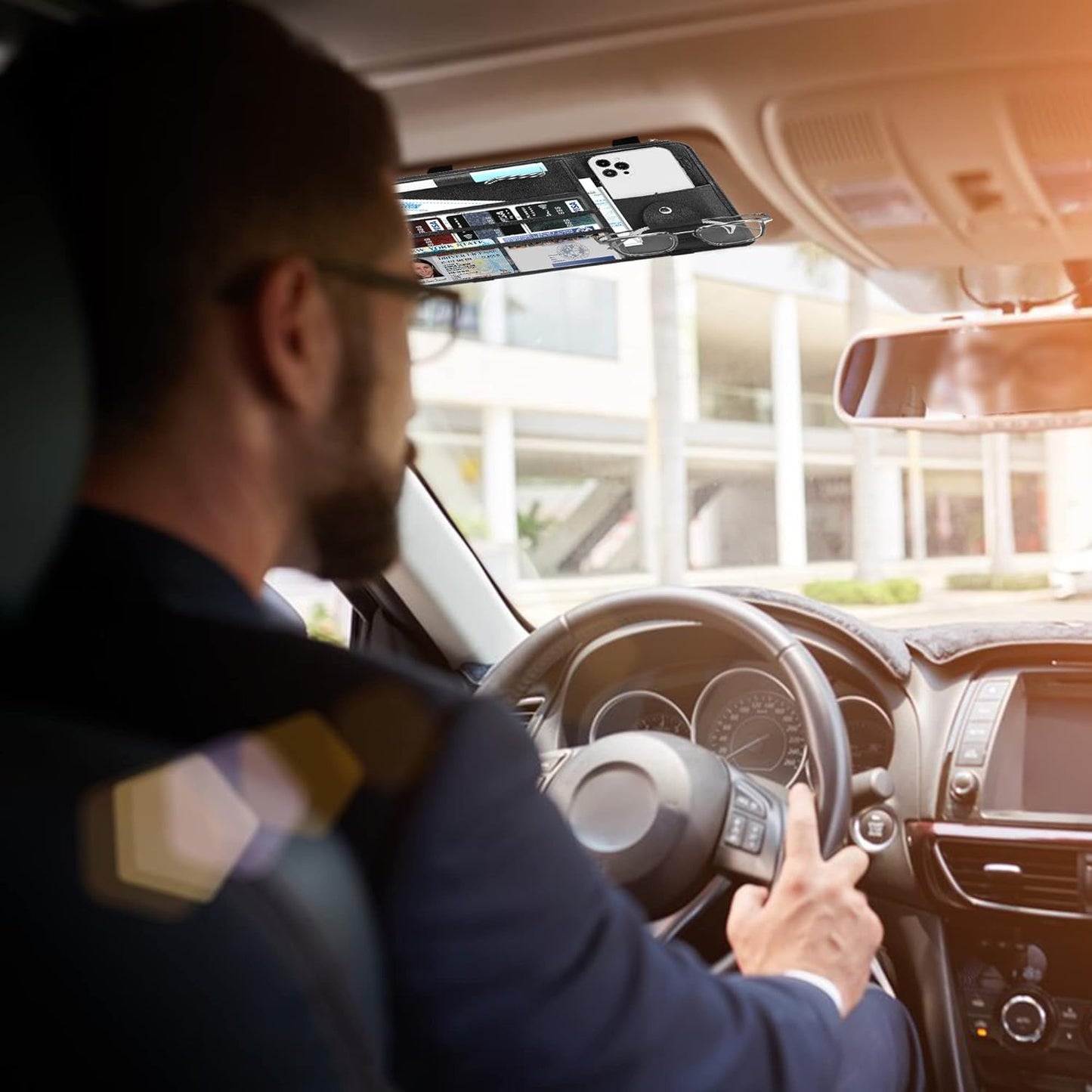 Leather Car Sun Visor Organizer for Cars, Trucks & SUVs: Features Sunglasses Holder, Secure Zipper Pockets, and 6 Clear Windows for Registration, Driver's License, and Insurance Card（black）